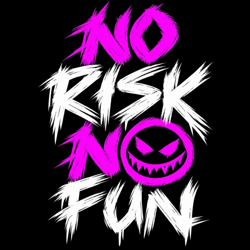 Logo No Risk No Fun, scritta a pennello con la faccia ghignante